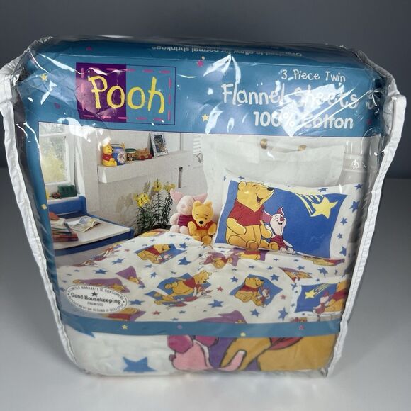 Winnie the Pooh & Piglet Flannel TWIN Size Fitted Flat Sheet Set Bedding 1990s - Picture 2 of 6